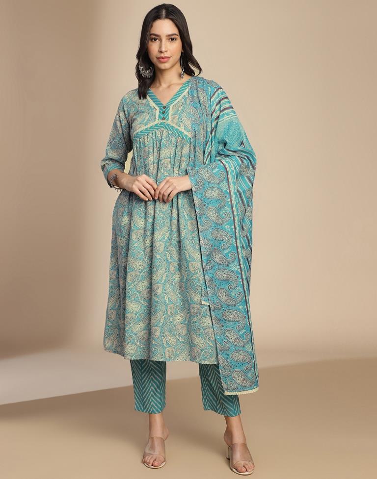 Blue Printed Cotton A-Line Kurta Set with Dupatta