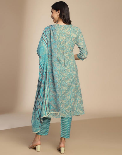 Blue Printed Cotton A-Line Kurta Set with Dupatta