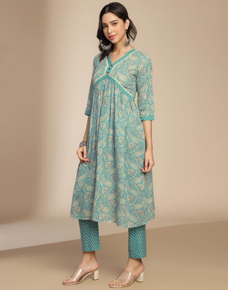 Blue Printed Cotton A-Line Kurta Set with Dupatta