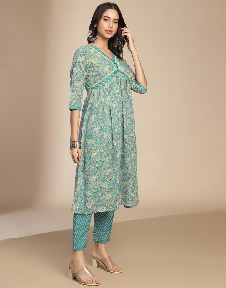 Blue Printed Cotton A-Line Kurta Set with Dupatta