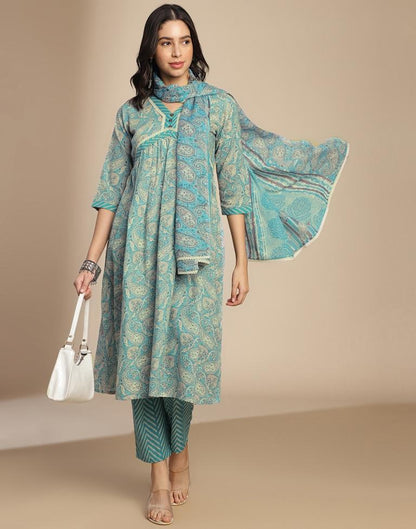 Blue Printed Cotton A-Line Kurta Set with Dupatta