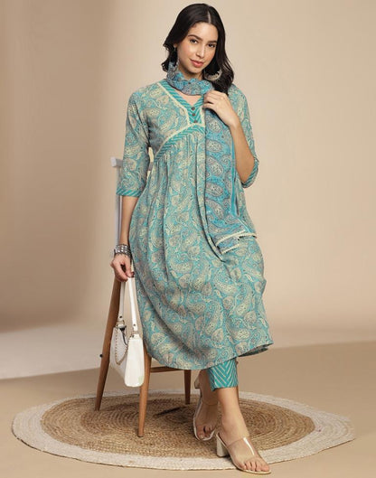 Blue Printed Cotton A-Line Kurta Set with Dupatta