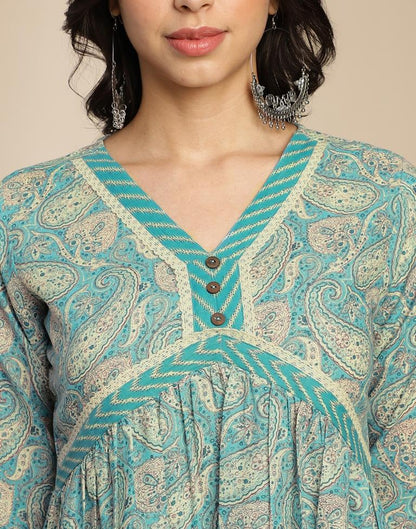 Blue Printed Cotton A-Line Kurta Set with Dupatta