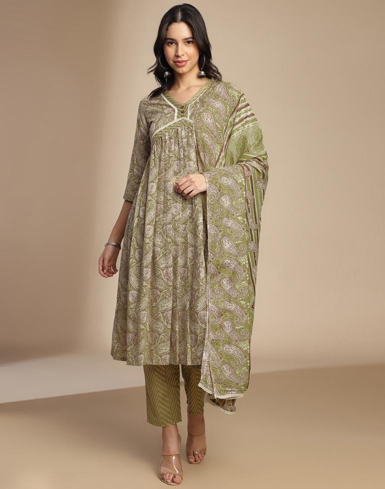 Olive Green Printed Cotton A-Line Kurta Set with Dupatta