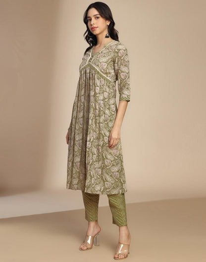 Olive Green Printed Cotton A-Line Kurta Set with Dupatta