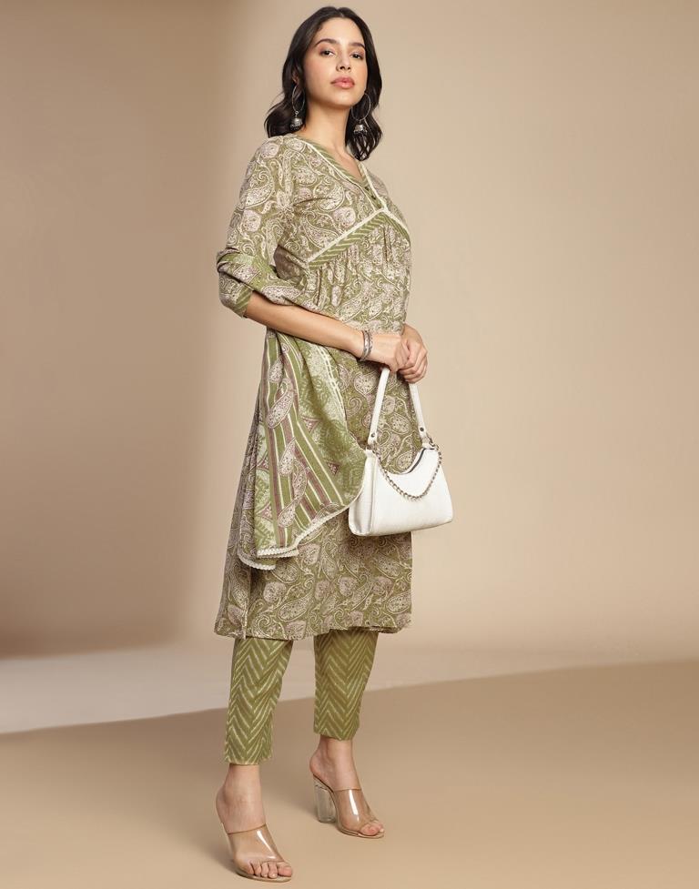 Olive Green Printed Cotton A-Line Kurta Set with Dupatta