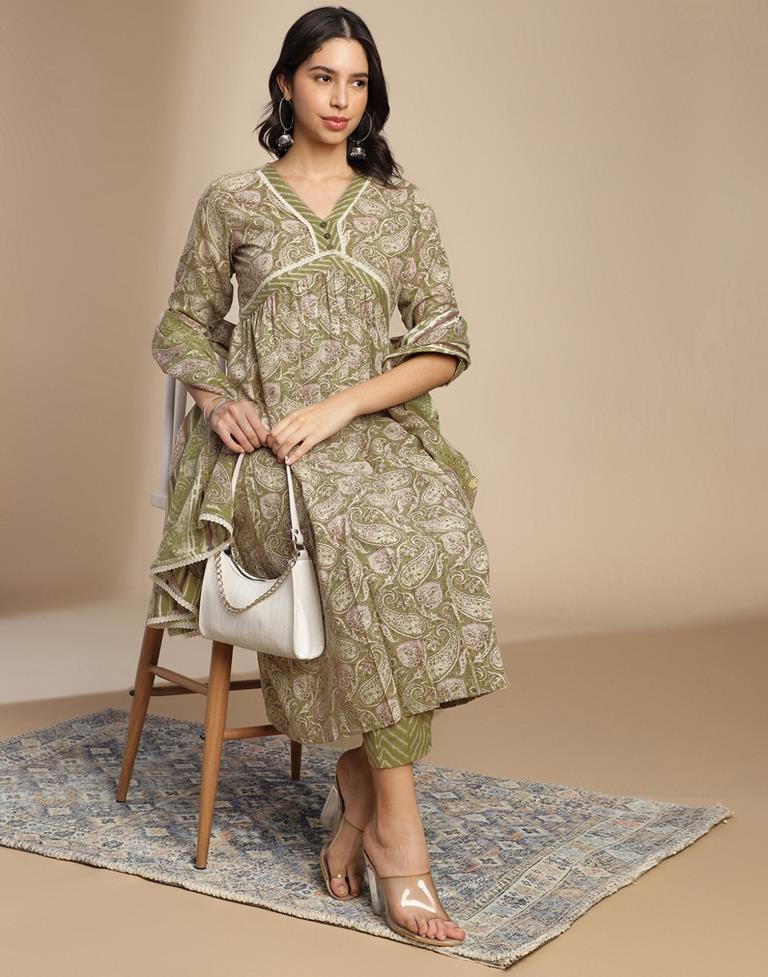 Olive Green Printed Cotton A-Line Kurta Set with Dupatta