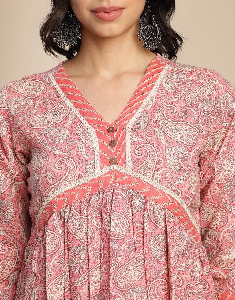 Pink Printed Cotton A-Line Kurta Set with Dupatta