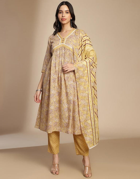 Yellow Printed Cotton A-Line Kurta Set with Dupatta