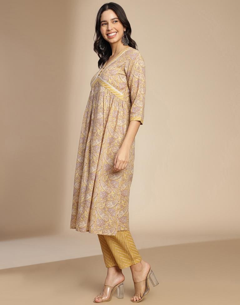 Yellow Printed Cotton A-Line Kurta Set with Dupatta