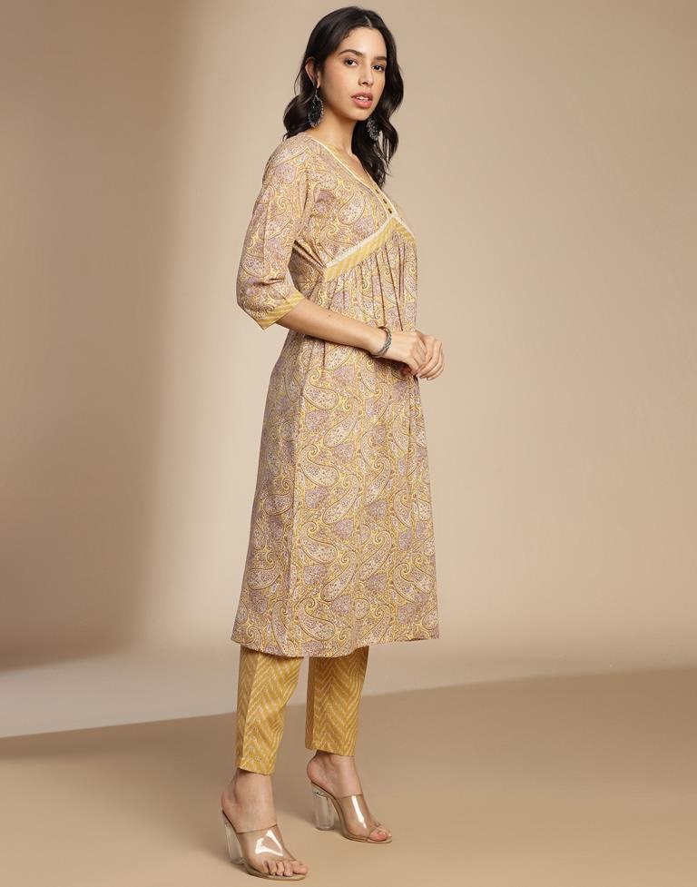 Yellow Printed Cotton A-Line Kurta Set with Dupatta