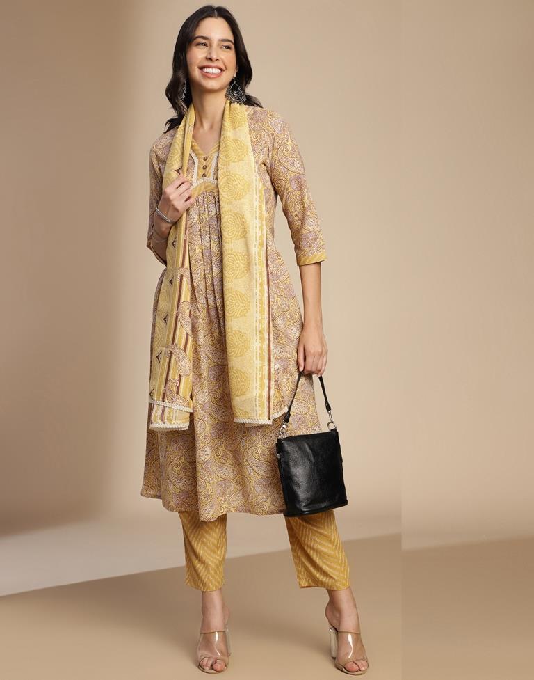 Yellow Printed Cotton A-Line Kurta Set with Dupatta