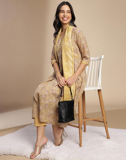 Yellow Printed Cotton A-Line Kurta Set with Dupatta