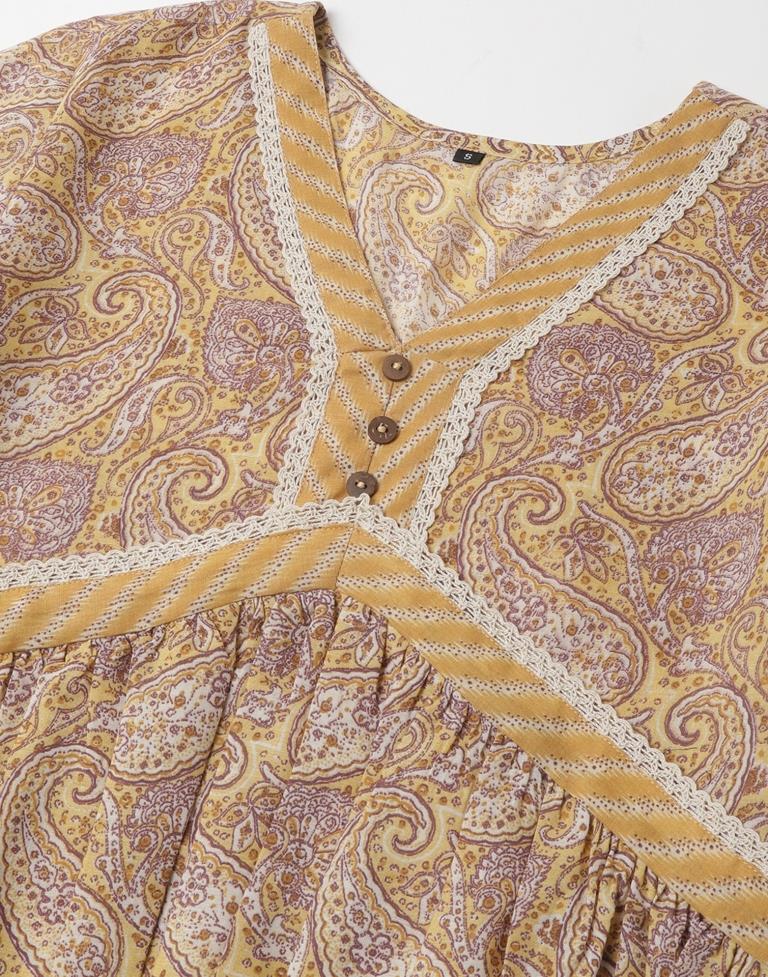 Yellow Printed Cotton A-Line Kurta Set with Dupatta