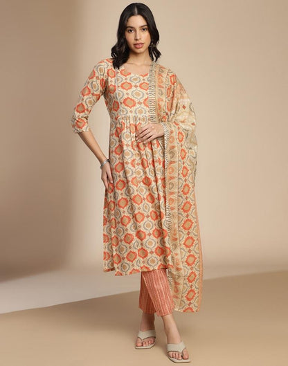 Beige Cotton Printed A-Line Kurta Set