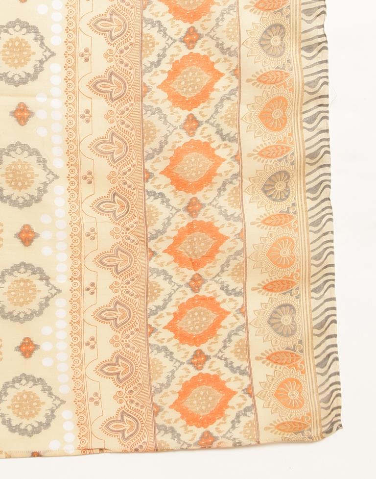 Beige Cotton Printed A-Line Kurta Set