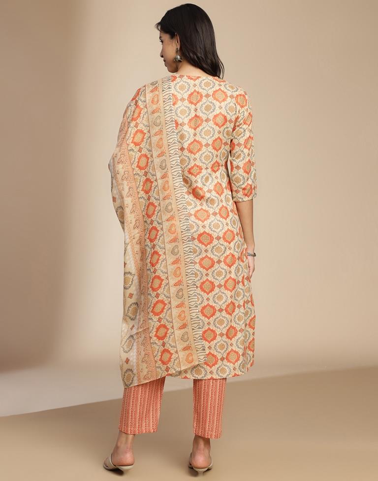 Beige Cotton Printed A-Line Kurta Set