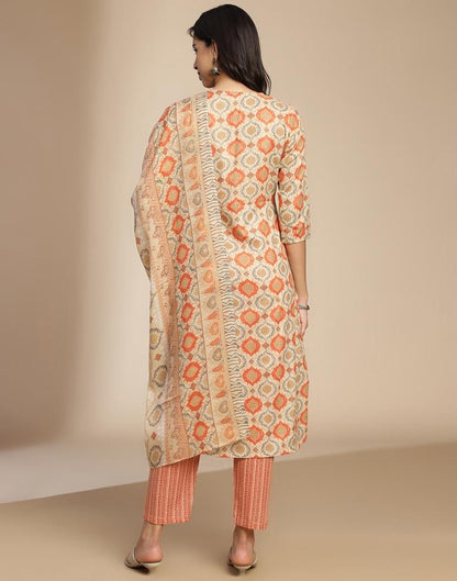 Beige Cotton Printed A-Line Kurta Set