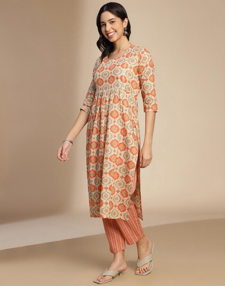 Beige Cotton Printed A-Line Kurta Set