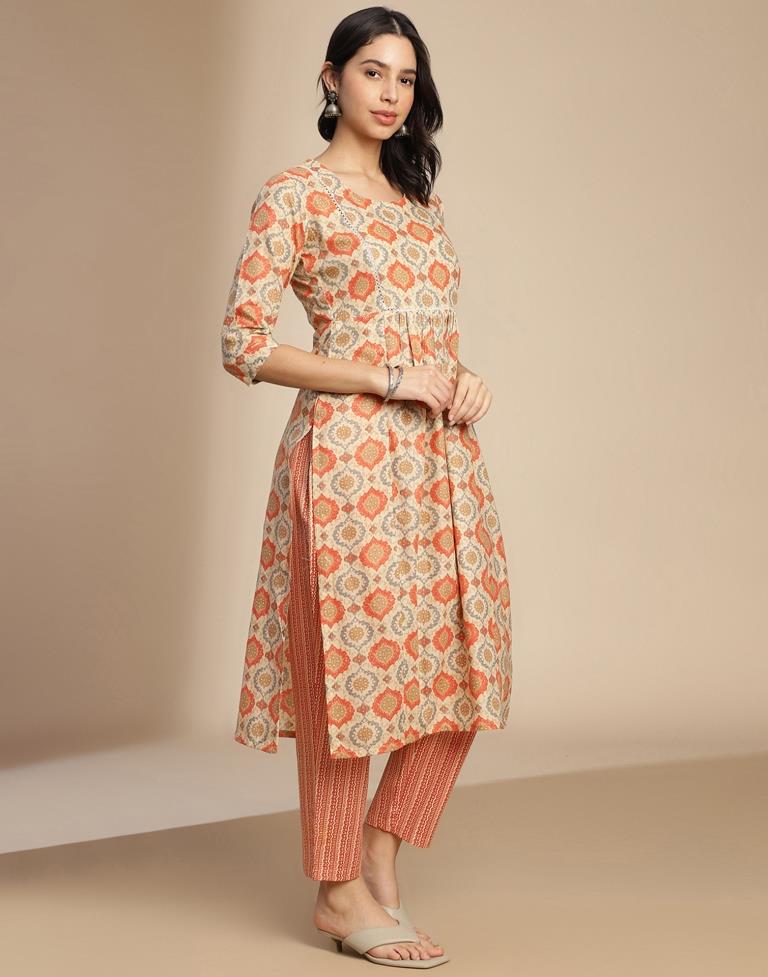 Beige Cotton Printed A-Line Kurta Set