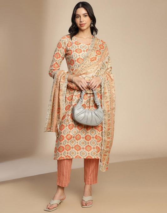 Beige Cotton Printed A-Line Kurta Set