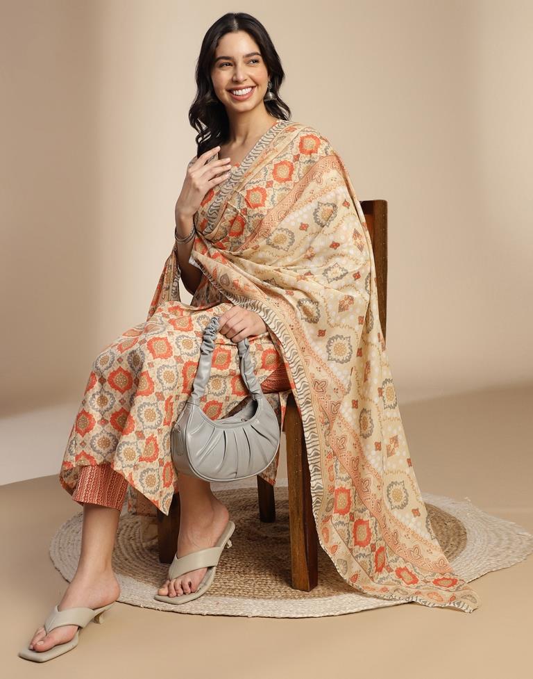Beige Cotton Printed A-Line Kurta Set