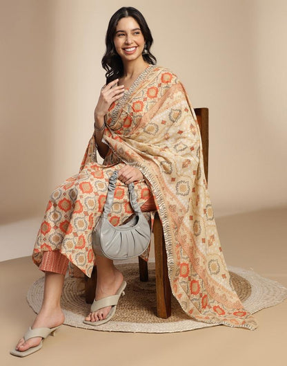Beige Cotton Printed A-Line Kurta Set