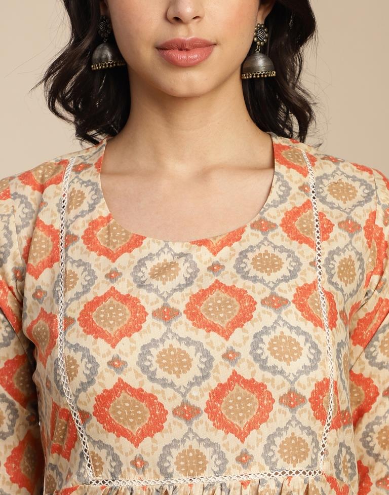 Beige Cotton Printed A-Line Kurta Set