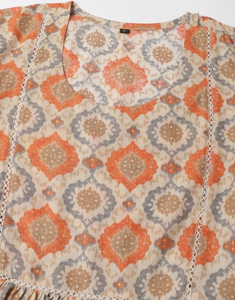 Beige Cotton Printed A-Line Kurta Set