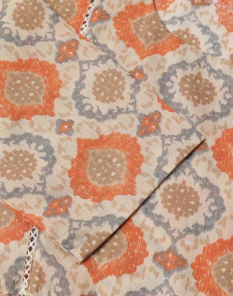 Beige Cotton Printed A-Line Kurta Set