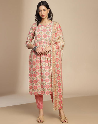 Beige Cotton Printed A-Line Kurta Set