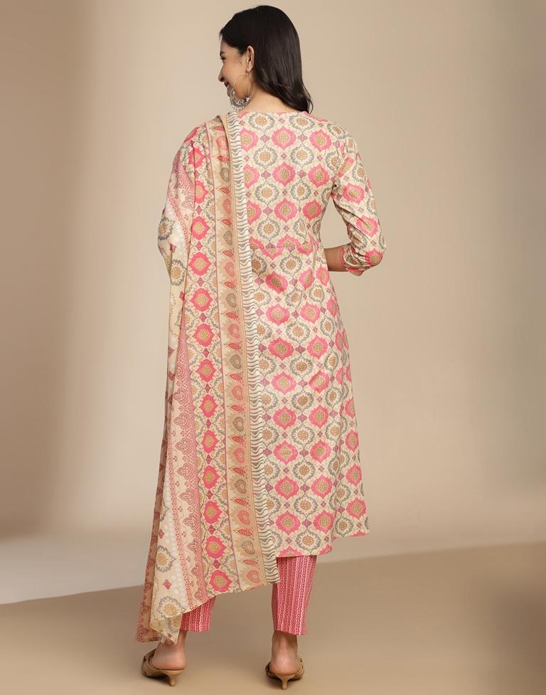 Beige Cotton Printed A-Line Kurta Set