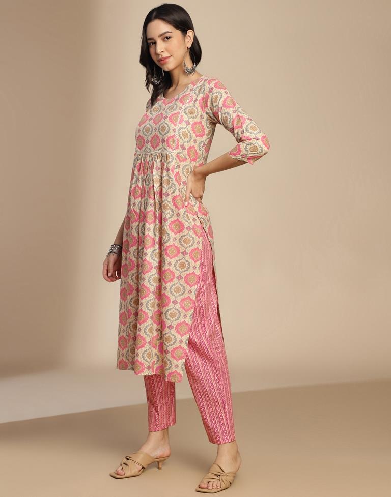 Beige Cotton Printed A-Line Kurta Set