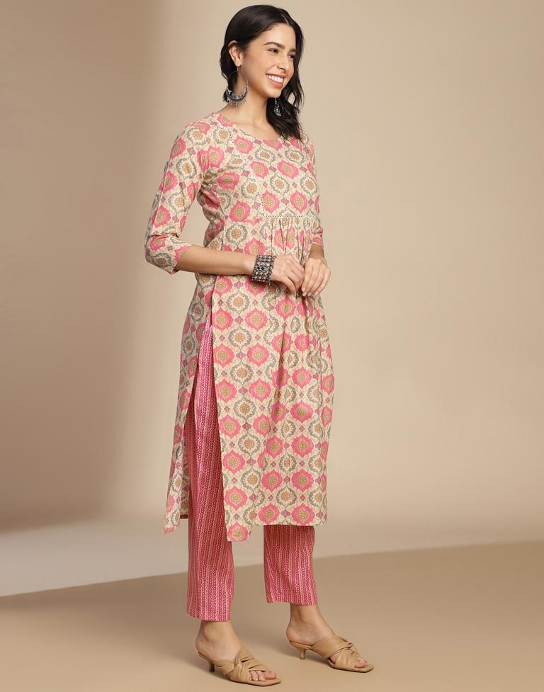 Beige Cotton Printed A-Line Kurta Set