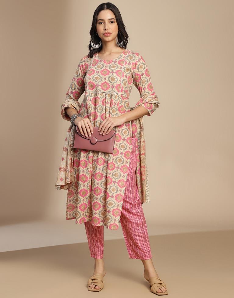 Beige Cotton Printed A-Line Kurta Set