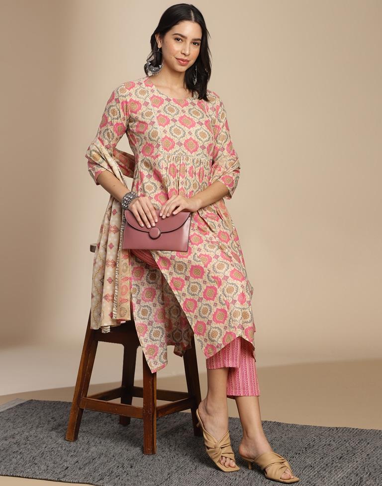 Beige Cotton Printed A-Line Kurta Set