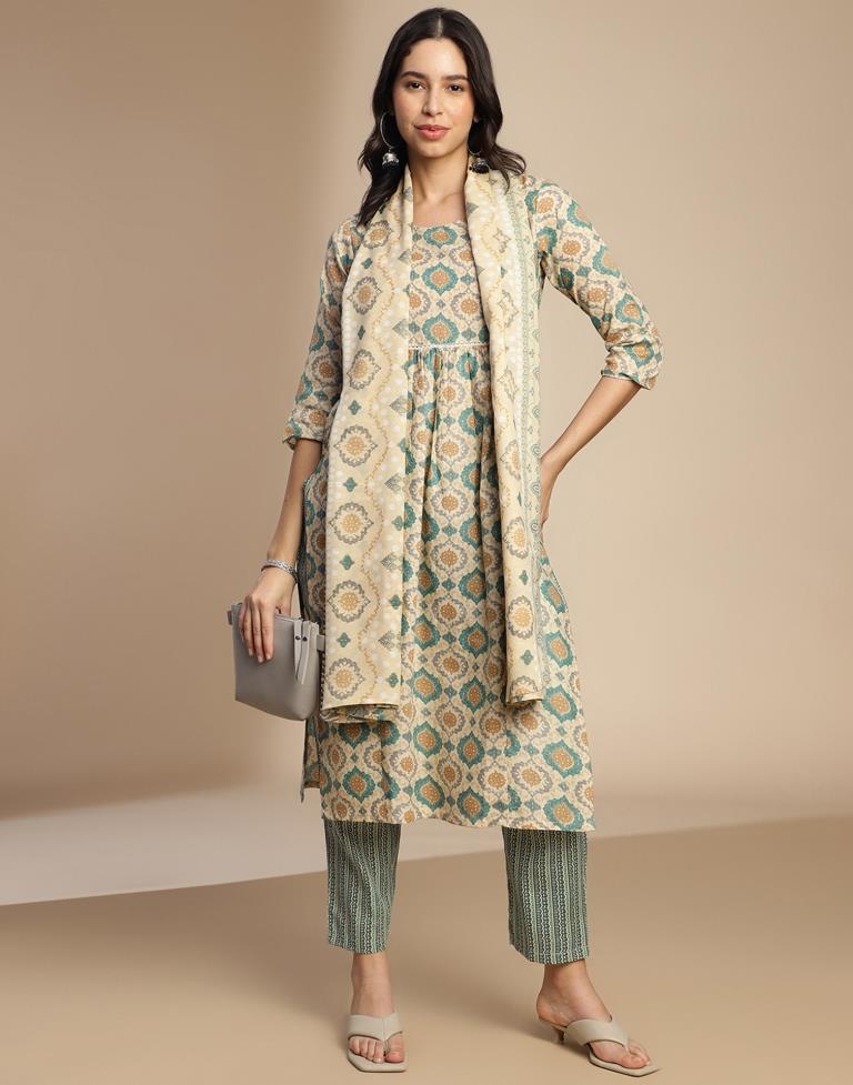 Beige Cotton Printed A-Line Kurta Set