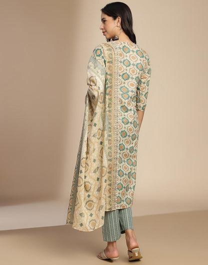 Beige Cotton Printed A-Line Kurta Set