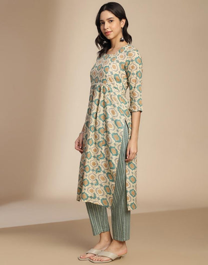 Beige Cotton Printed A-Line Kurta Set