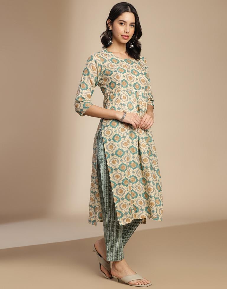 Beige Cotton Printed A-Line Kurta Set