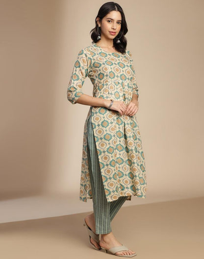 Beige Cotton Printed A-Line Kurta Set