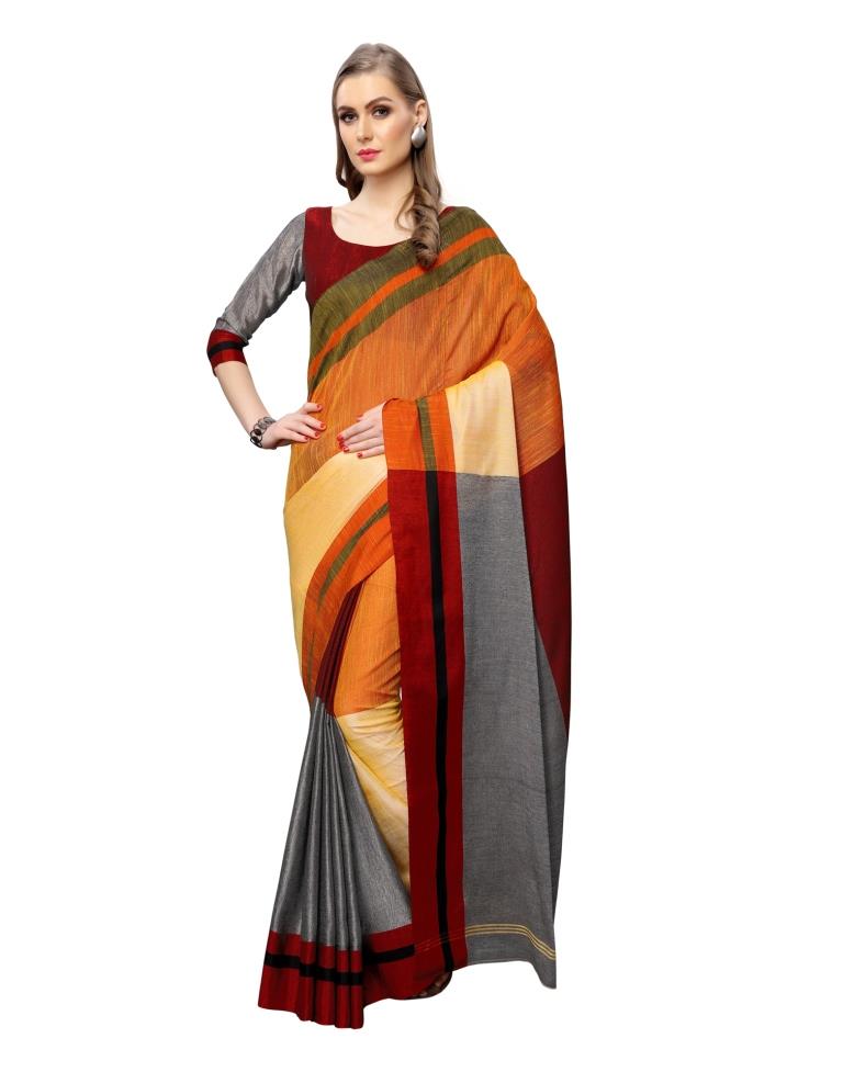 Grey Coloured Poly Cotton Woven Stripes Casual saree | Sudathi