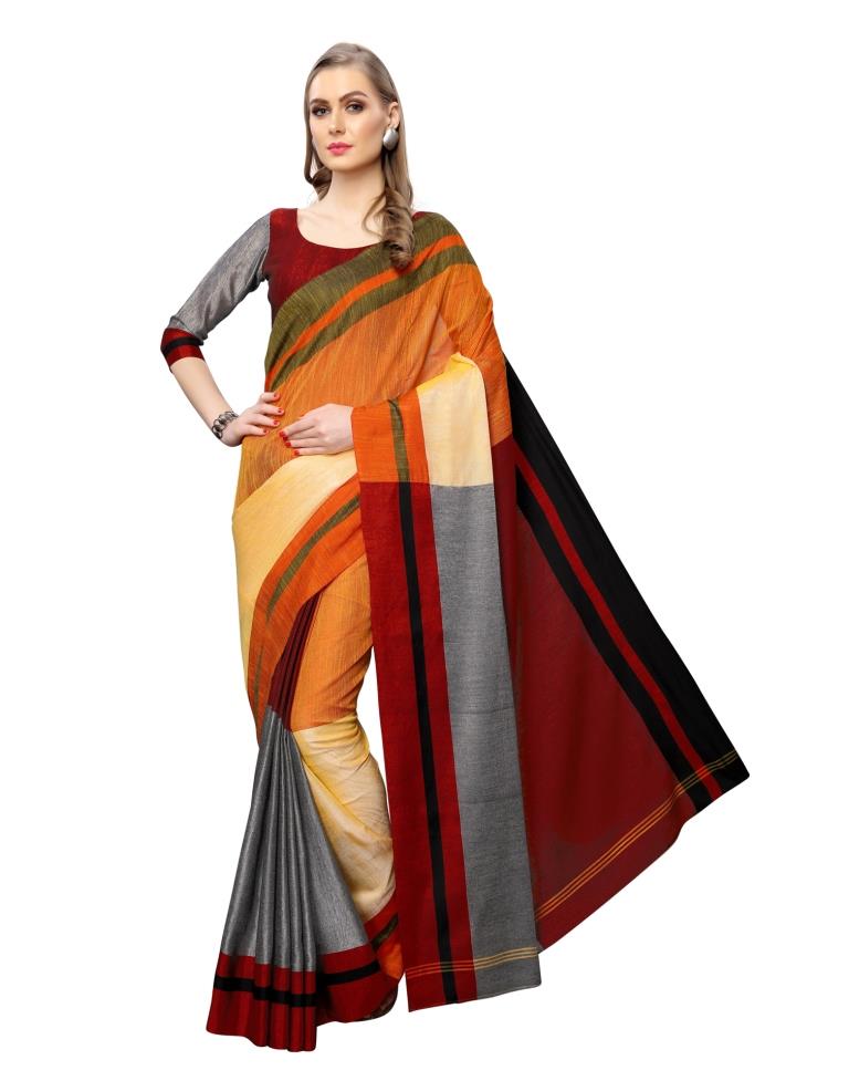 Grey Coloured Poly Cotton Woven Stripes Casual saree | Sudathi