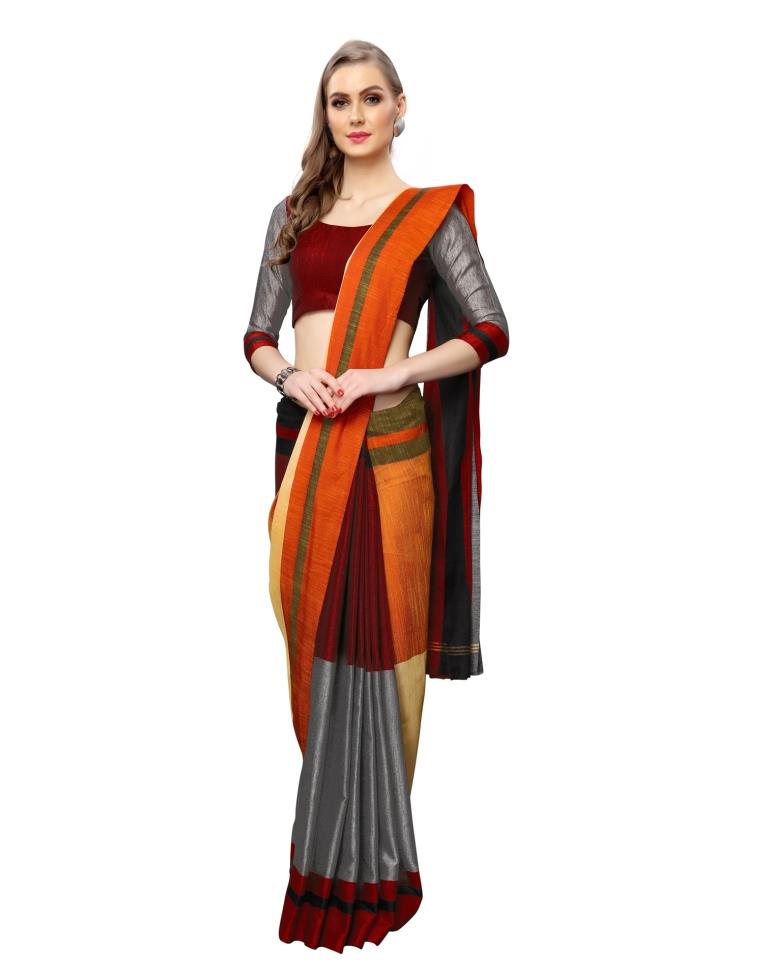 Grey Coloured Poly Cotton Woven Stripes Casual saree | Sudathi