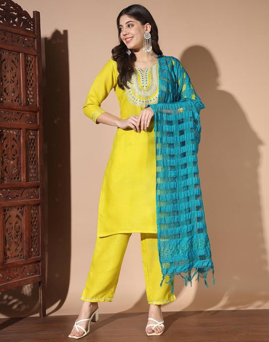 Lime Green Plain Cotton Straight Kurta Set with Dupatta