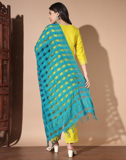 Lime Green Plain Cotton Straight Kurta Set with Dupatta