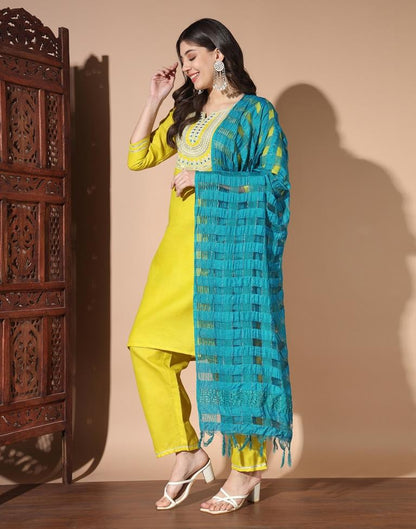 Lime Green Plain Cotton Straight Kurta Set with Dupatta