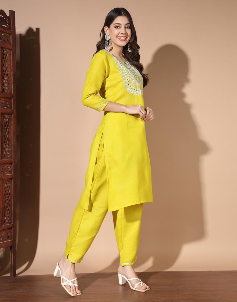 Lime Green Plain Cotton Straight Kurta Set with Dupatta