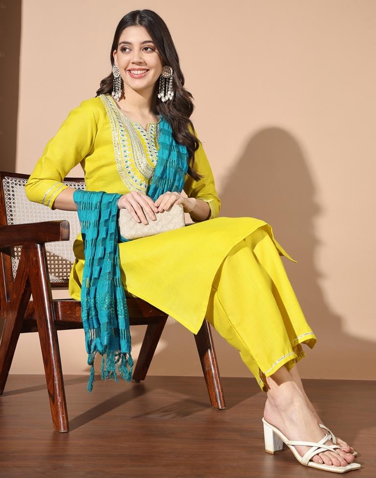 Lime Green Plain Cotton Straight Kurta Set with Dupatta