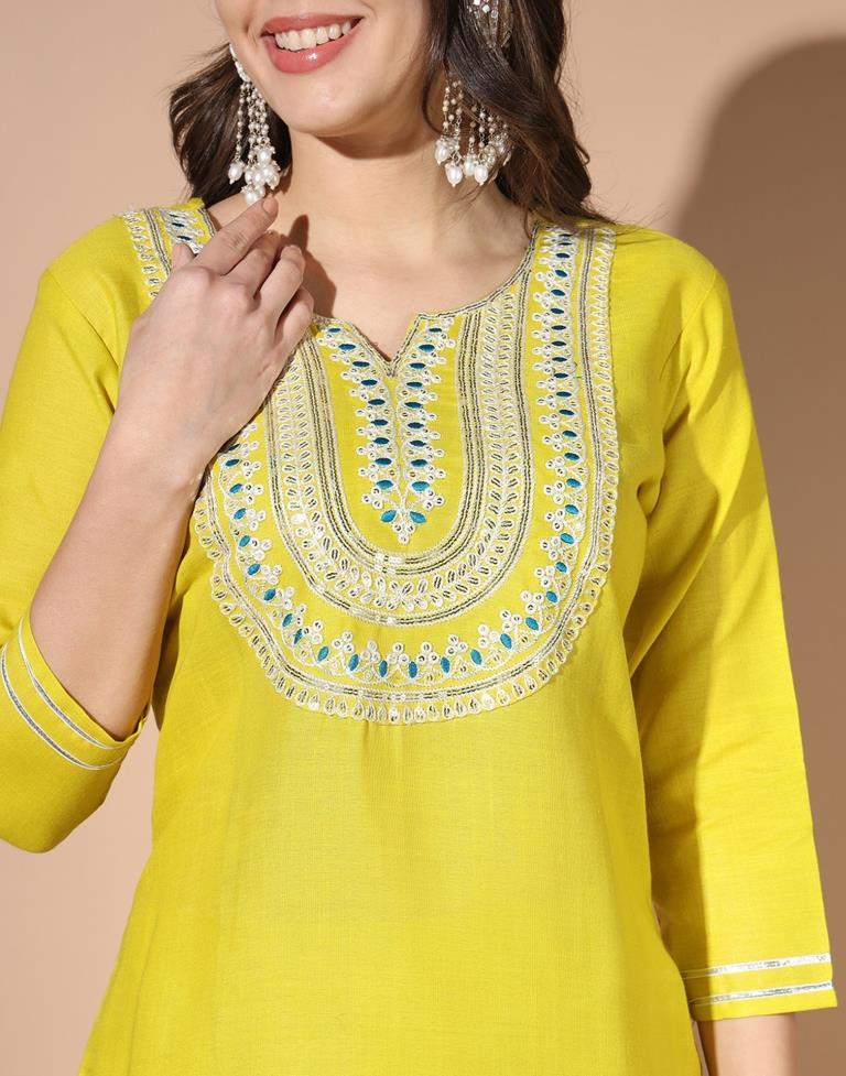 Lime Green Plain Cotton Straight Kurta Set with Dupatta